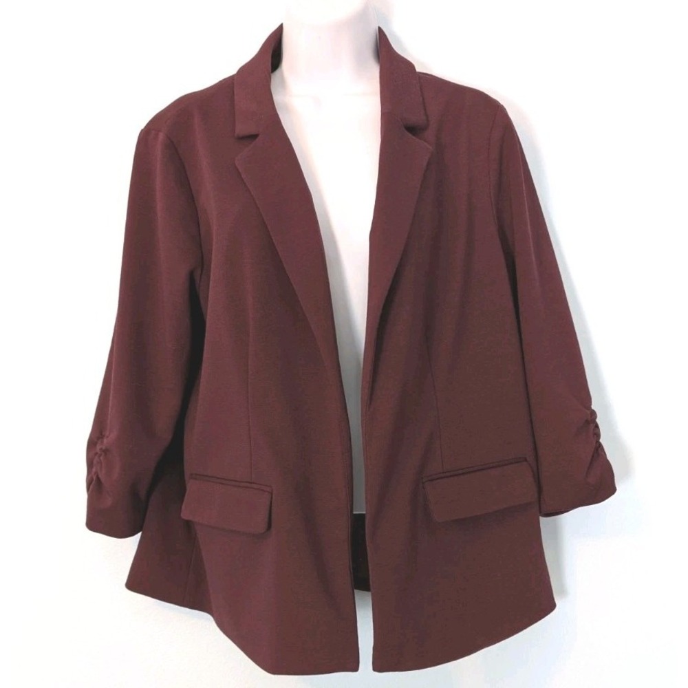 Elle Buttonless Open Blazer Jacket Burgundy Women's Large 3/4 Ruched Sleeves